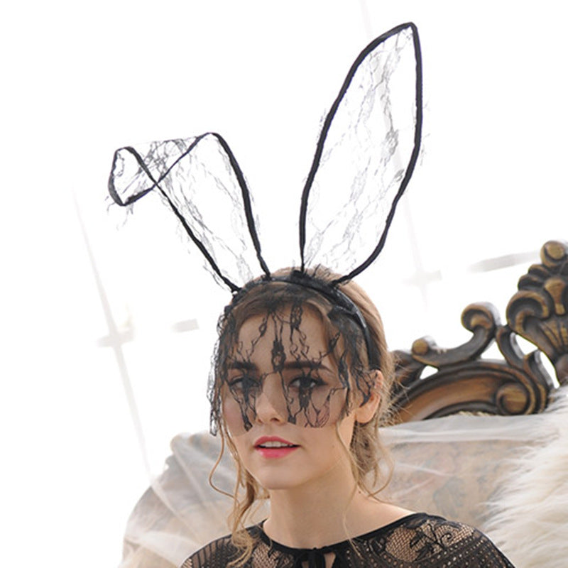 Diadema con orejas de conejo | Negro | Encaje y velo | Halloween | 14